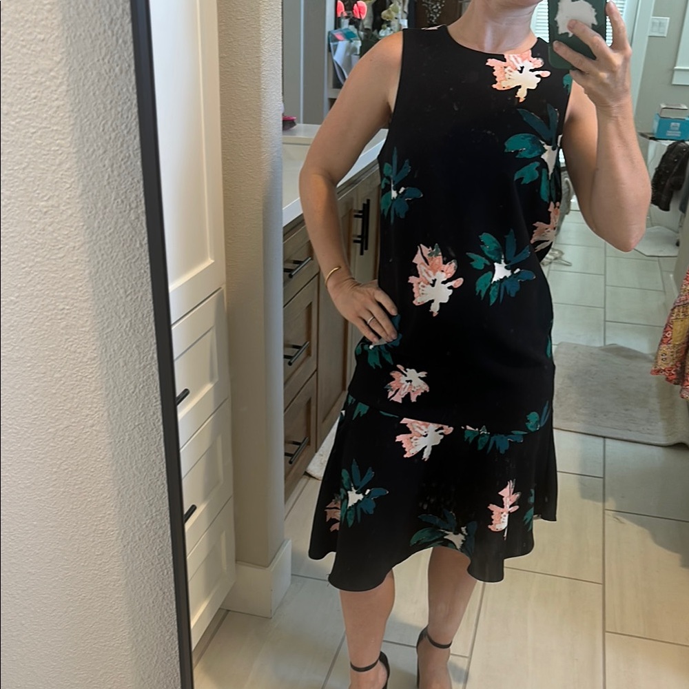XS Floral Sleeveless Black Dress Asymmetrical Ruffled Hem